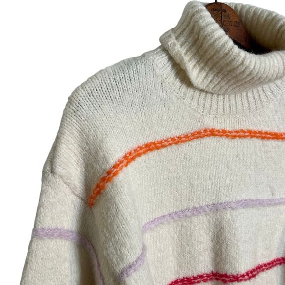 Anna Kay Isolede Cashmere Blend Striped Turtleneck Pullover Sweater Ecru Small - Picture 5 of 9